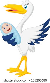 Cartoon stork with baby