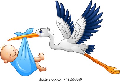 Cartoon stork with  baby boy