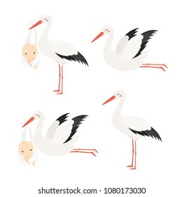 Cartoon stork  with baby. Cute vector set.