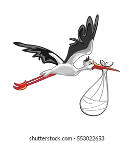 Cartoon stork with baby isolated on white background. Congratulation card to the newborn. Vector illustration.