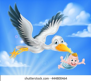 Cartoon stork bird animal character flying through the sky holding a newborn baby. Classic myth of stork bird delivering a new born baby