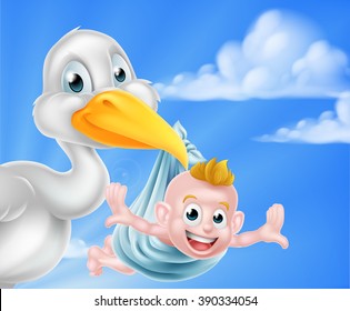 A cartoon stork bird holding a newborn baby. Classic myth of stork bird delivering a new born baby