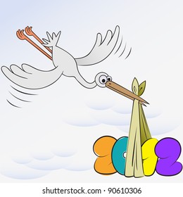 cartoon stork brought a package with New Year