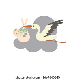 A cartoon stork carries a sleeping baby wrapped in a diaper. The diaper is decorated with flowers and leaves. 