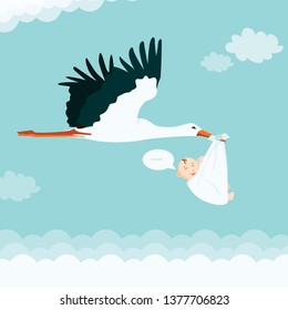 Cartoon Stork Carrying Baby. Boy Stork Baby Shower Vector Illustration