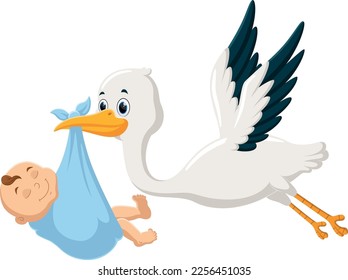 Cartoon Stork carrying baby isolated on white