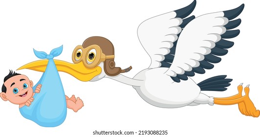 Cartoon Stork Carrying Baby On White Background