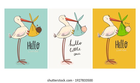 Cartoon stork carrying a cute newborn baby. Design template for greeting card or baby shower invitation. Set of three Hand drawn Vector trendy illustrations. Pre made cards