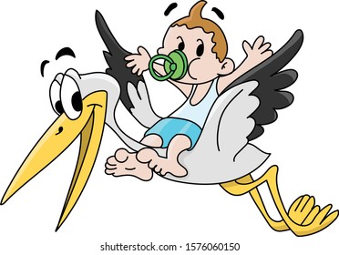 Cartoon stork carrying the newborn baby vector illustration