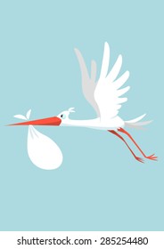 Cartoon Stork Carrying Newborn Baby