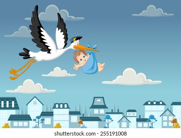 Cartoon stork delivering a newborn baby boy