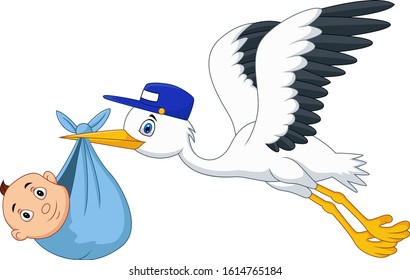 Cartoon stork flying bird carrying a newborn