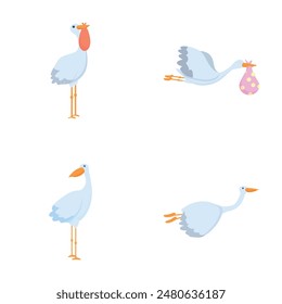 Cartoon stork icons set cartoon vector. Cute stork carrying baby. Cartoon character