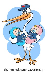Cartoon stork with a newborn. Stork with twins. A stork delivers newborn twins. Vector color drawing of a cheerful stork with twins.