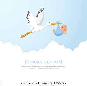 Cartoon stork in sky with baby. Design template for greeting card, baby shower invitation, banner. Congratulations to the newborn. Vector illustration in flat style.