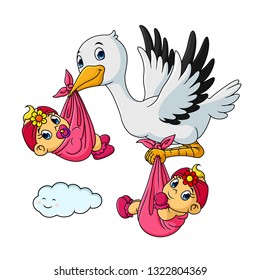 Cartoon Stork with twin baby, Hope 1 Get 2, Vector