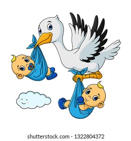 Cartoon Stork with twin baby, Hope 1 Get 2, Vector