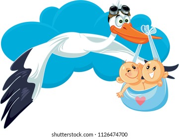 Cartoon Stork with Twins Vector Illustration. Cute baby shower announcement for two babies at once 
