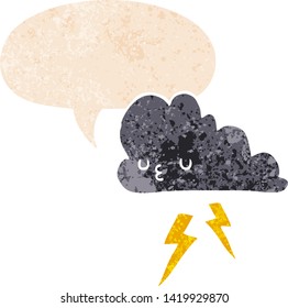cartoon storm cloud with speech bubble in grunge distressed retro textured style