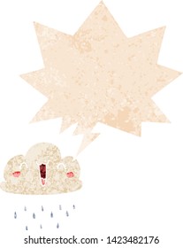 cartoon storm cloud with speech bubble in grunge distressed retro textured style