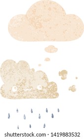 cartoon storm cloud with thought bubble in grunge distressed retro textured style