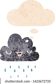 cartoon storm cloud with thought bubble in grunge distressed retro textured style