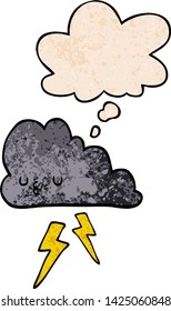 cartoon storm cloud with thought bubble in grunge texture style