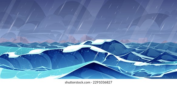 Cartoon storm sea vector background illustration. Ocean water wave landscape with cloud in sly and rain disaster. Stormy seawater disaster scene. Dark dramatic marine nature with scary foam splash