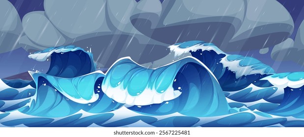 Cartoon storm seascape - turbulent ocean waves with foamy crests beneath dark rainy clouds. Dynamic scene with rolling breakers and splashes in vibrant blue shades. Thunderstorm maritime scene.