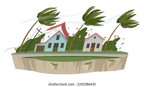 Tormenta de caricatura en desastre natural del viento. Catástrofe de supertormenta, daños en las viviendas suburbanas, cataclismo de gale ilustración vectorial plana sobre fondo blanco