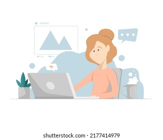 Cartoon story media design, Woman story update at social media on laptop, Digital marketing illustration.