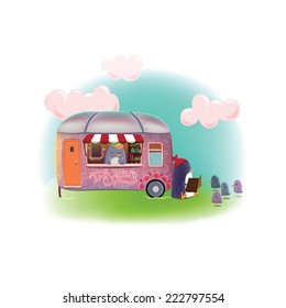 Cartoon story with penguins. Ice cream van. Vector illustration