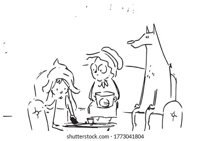 cartoon with storyboard, little girl puts tv remote control on the table, grandma holds popcorn bucket in her hand, the wolf looks at them, they all sit on the sofa,illustration of a vector sketch.