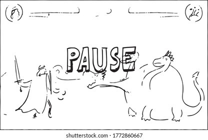 cartoon storyboard a play scene that is paused, the prince fights the three-headed dragon,illustration of a vector sketch from a cartoon storyboard project,vector.