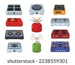 Cartoon stoves. Kitchen electric hob, camping stove gas burner and cooking fire vector illustration set of kitchen hob, and oven collection