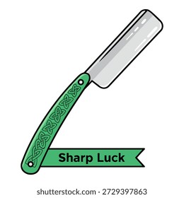 Cartoon straight razor with celtic knot design on green handle and 'sharp luck' text on a green ribbon.