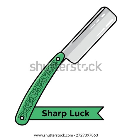 Cartoon straight razor with celtic knot design on green handle and 'sharp luck' text on a green ribbon.