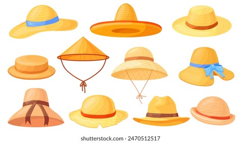 Sombreros de paja de dibujos animados. Sombrero del agricultor de arroz o del trabajador del jardín asiático, accesorios de la playa del verano sombrero retro de la mujer cabeza de la agricultura tradicional del país gorra del sol, Ilustración vectorial ordenada