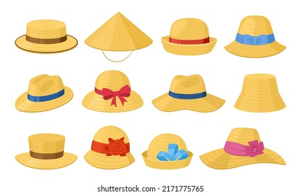 Cartoon straw hats, summer beach or farmer vintage headwear. Gardener or farm agricultural workers straw hats vector symbols illustrations set. Straw head accessories