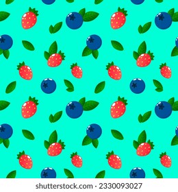 Fresas de dibujos animados y arándanos de arándano sin soldadura, vector. Fondo, textiles, patrón de verano, colores ricos