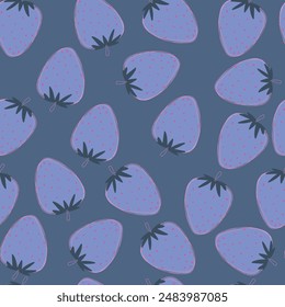 Cartoon strawberries on blue background, seamless pattertn.