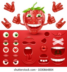 Cartoon Strawberry 3d Smiley Face Vector Character Creation Constructor. Emoji With Emotions, Eyes And Mouthes Set.