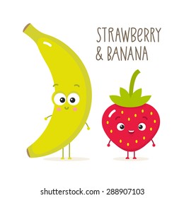 Cartoon strawberry and banana with eyes. Fruits isolated on white