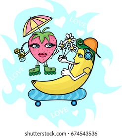 Cartoon strawberry and banana, love, summer vacation, illustration