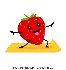 Cartoon strawberry berry character on yoga fitness sport. Isolated vector happy garden plant personage stand in asana pose on mat. Yogi ripe healthy vitamin strawberry, natural food pilates exercising