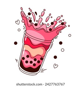 Cartoon strawberry bubble milk tea in cup. Funny retro glass with splash of flowing pink drink, layers of black pearls and juice, cartoon Asian tea sticker of 70s 80s style vector illustration