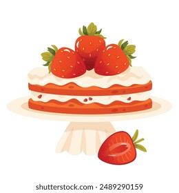Cartoon Strawberry cake with cream. Delicious dessert food, bakery for birthday.