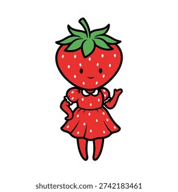 Cartoon strawberry character smiling and gesturing