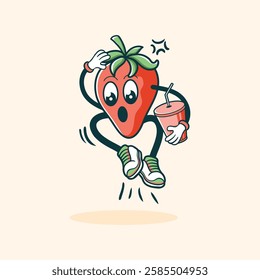 A cartoon strawberry character with surprised expression jumps while holding a drink.