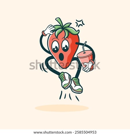 A cartoon strawberry character with surprised expression jumps while holding a drink.